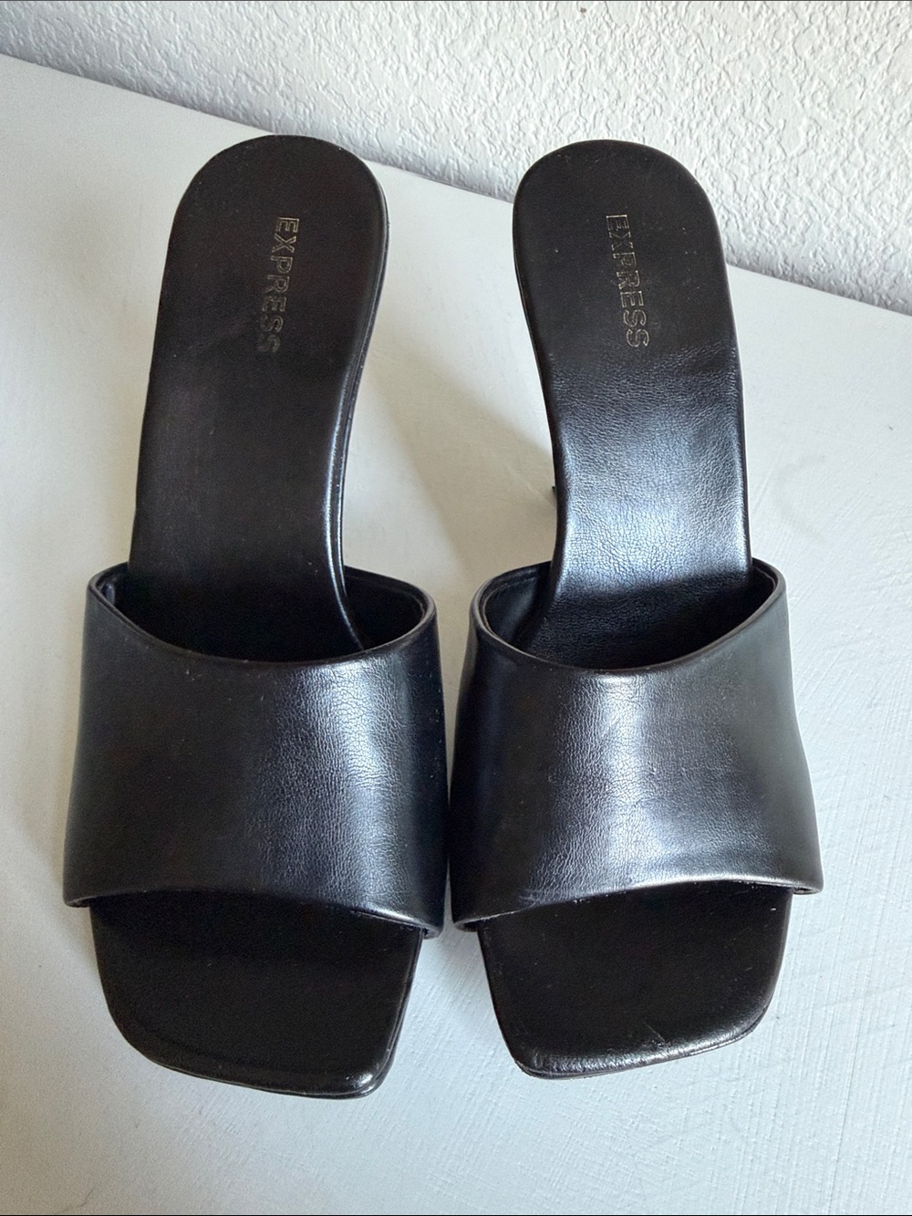 Express Black Leather Open-Toe Mule Heels - Picture 2 of 5